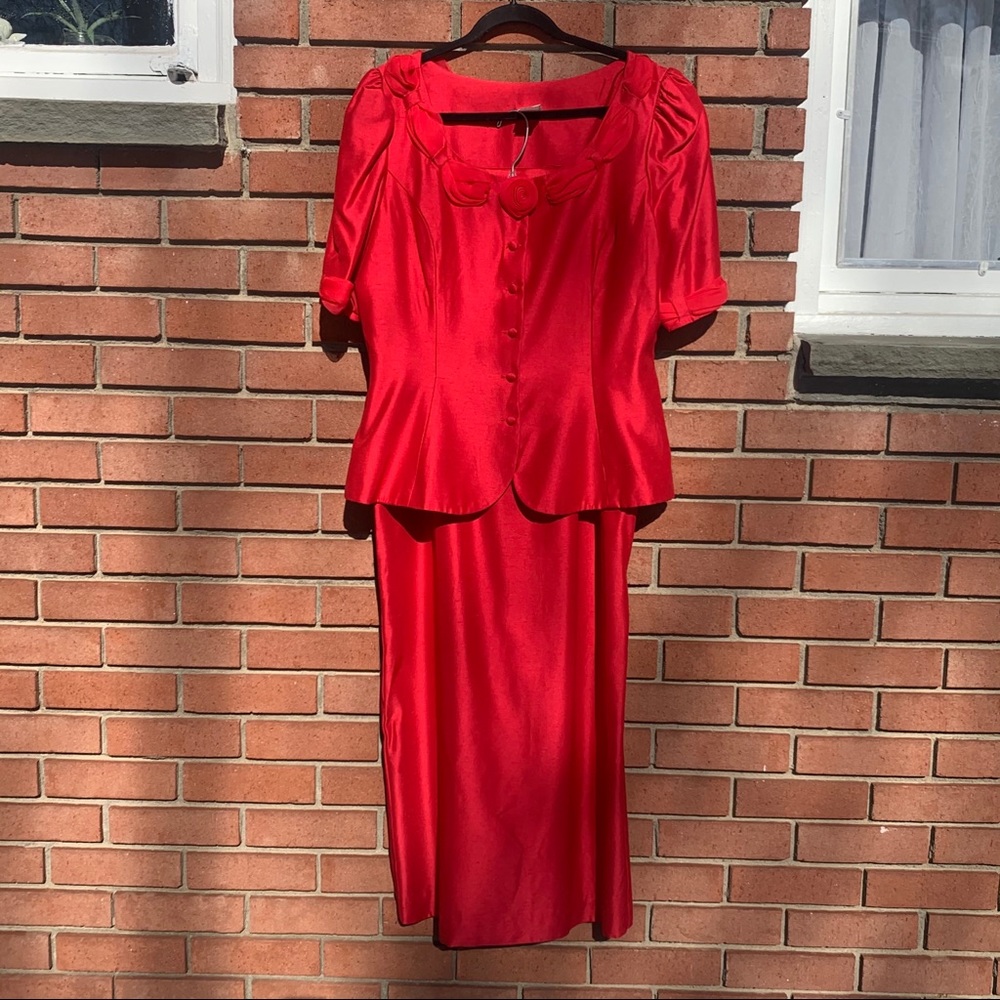 VINTAGE 1990s Watters Red Taffeta Skirt Suit